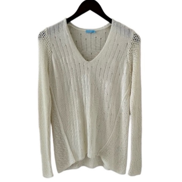 J. McLaughlin Cream V-Neck Open Stitch Long Sleeve Knit Sweater Size Small - Picture 2 of 9